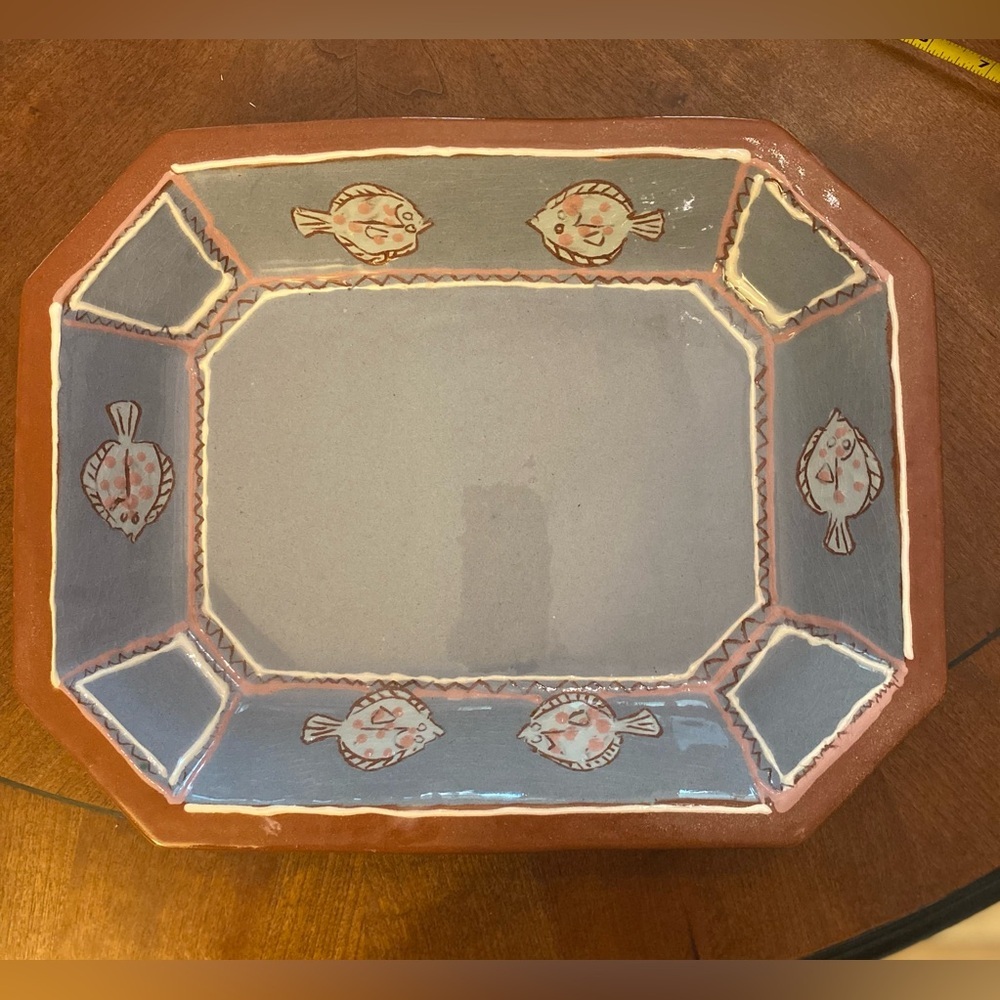 Pottery Bowl Rectangle French Blue Color with Fish